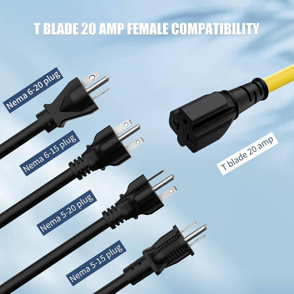 Yellow extension cord with black T-blade plug ends and metal prongs, close-up view