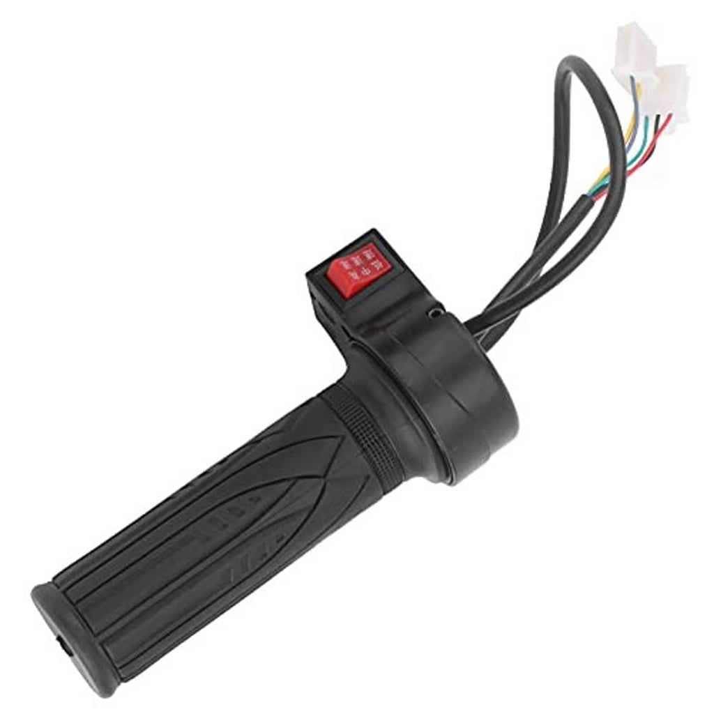 Black throttle grip with red LED control switch and attached cable harness