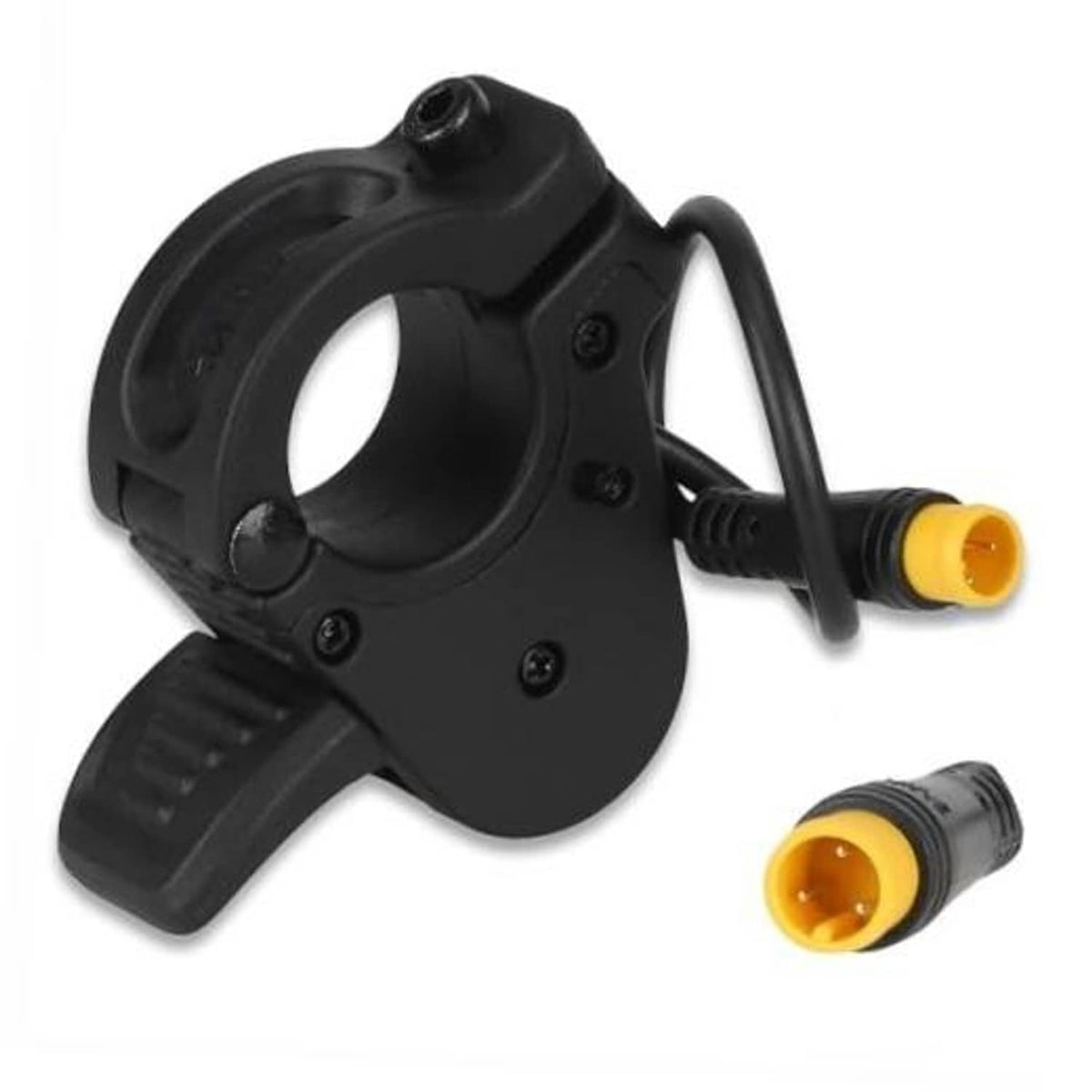 Black electric bike thumb throttle with mounting clamp and yellow connector plug