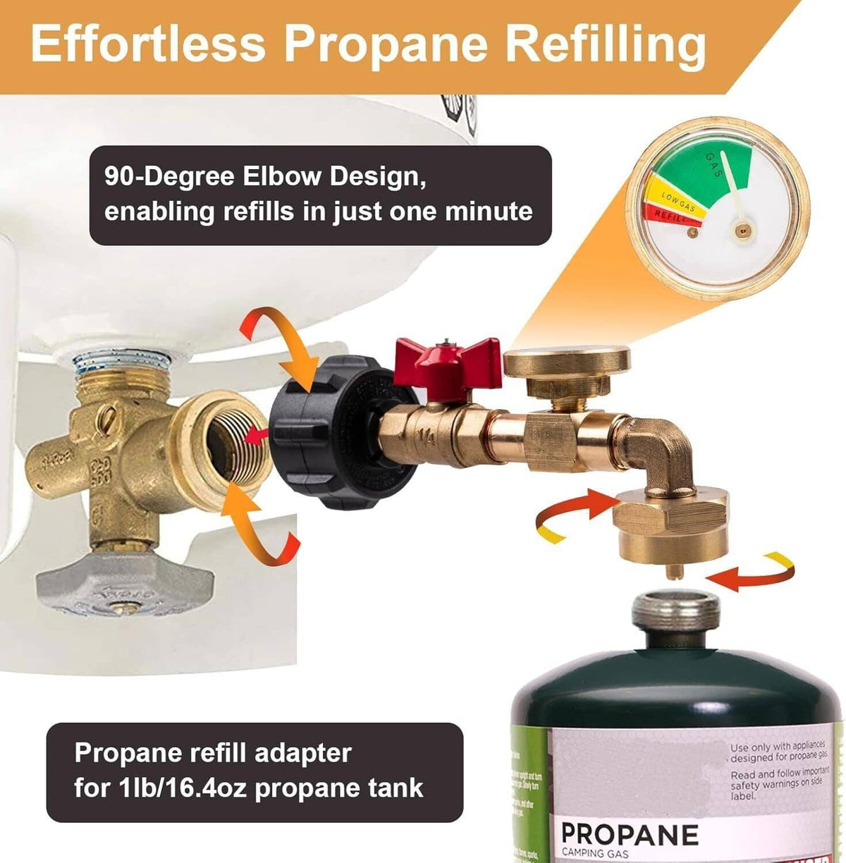 90-degree brass propane refill adapter with dial gauge and on/off valve control