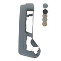 Gray driver side seat trim cover with open mounting cutouts and clips