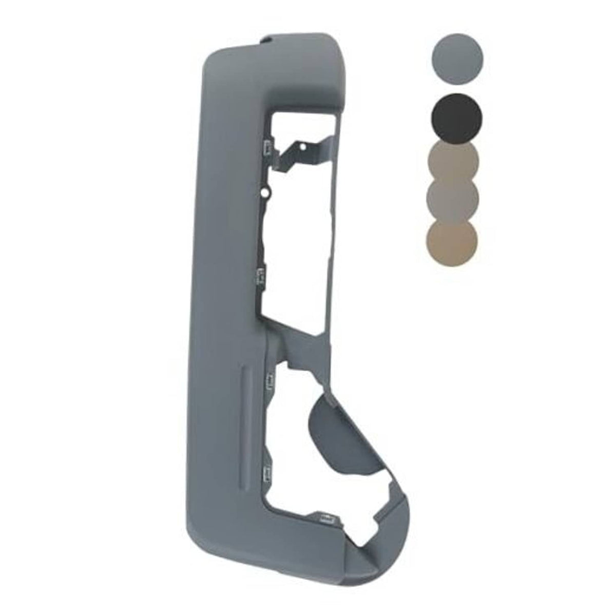 Gray driver side seat trim cover with open mounting cutouts and clips