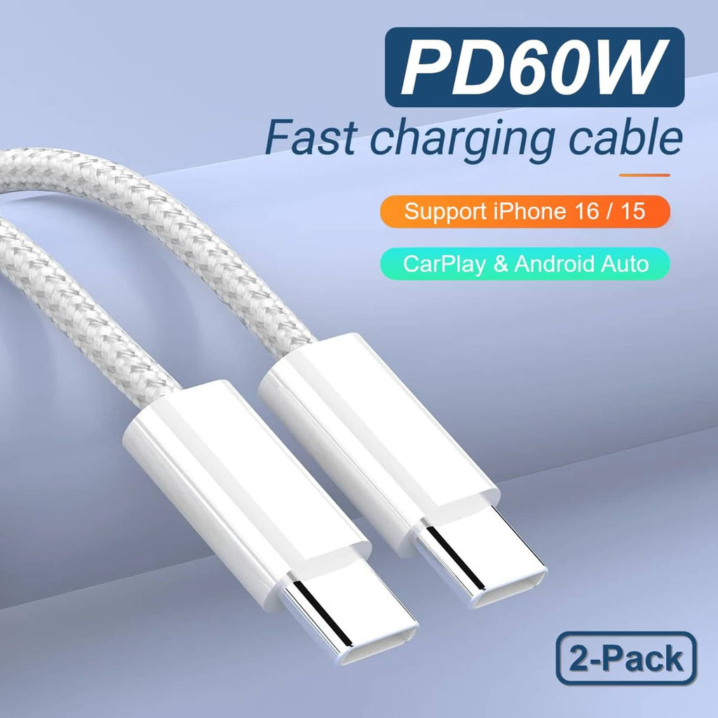 White braided USB-C to USB-C cable with two white connector ends.