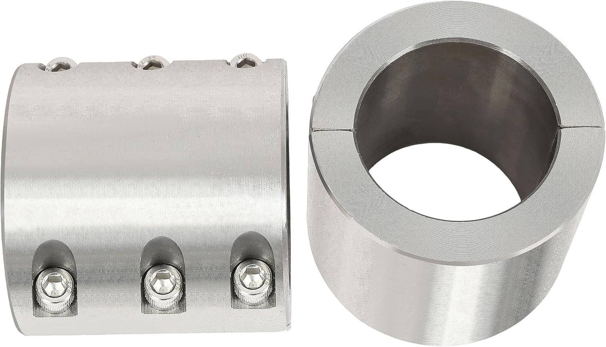 Brushed metal split-collar clamp halves with three hex bolts and circular bore