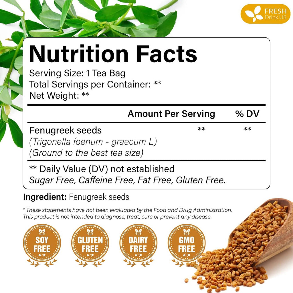 Nutrition facts panel for fenugreek seed tea bags