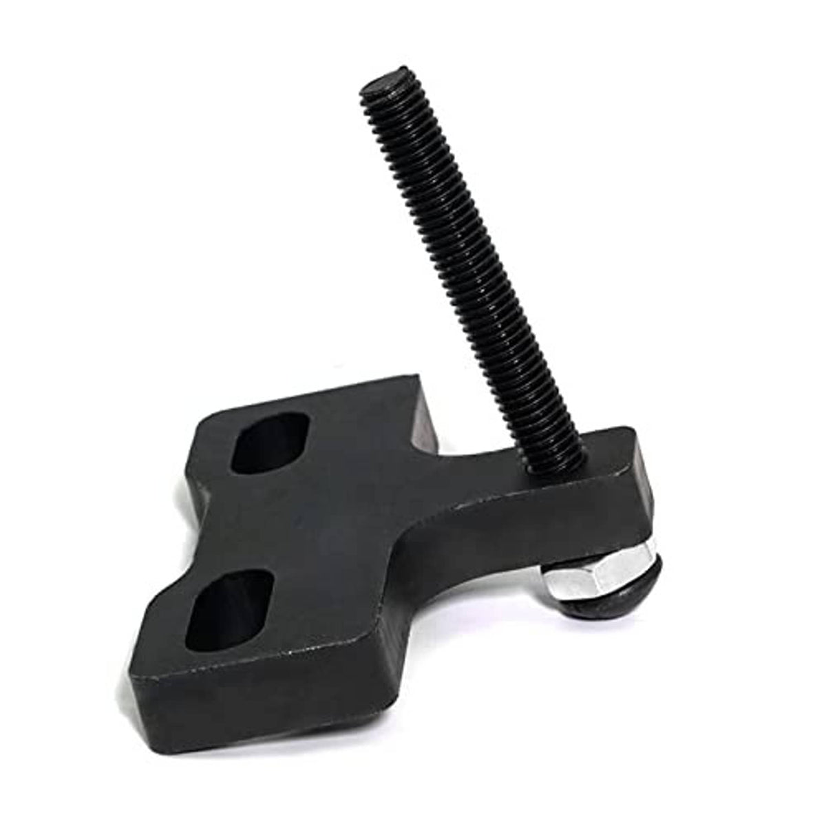 Black U-shaped valve spring compressor yoke with vertical threaded screw and base hook