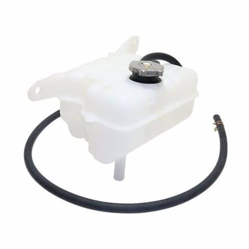 White coolant reservoir tank with mounting tabs, black hose, and top cap