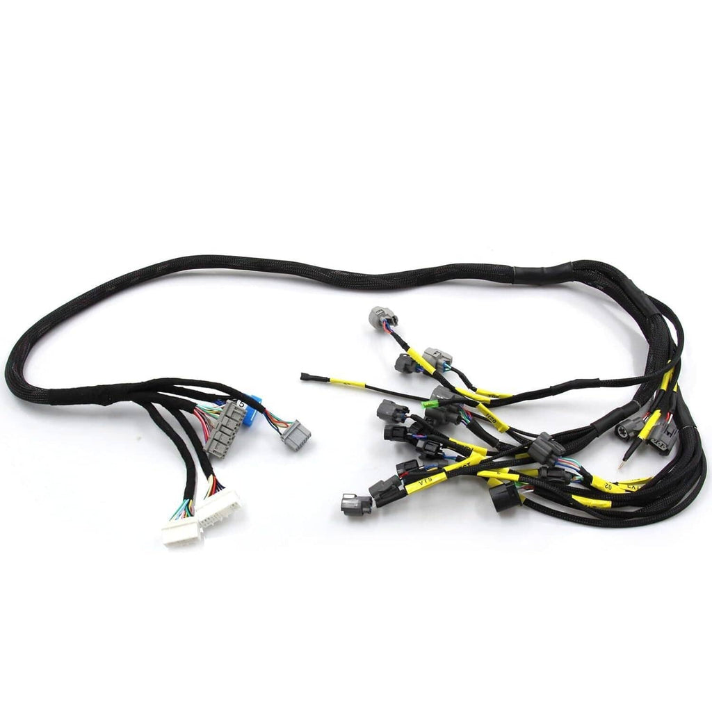 Tucked engine wire harness with OBD2 connectors and multiple plug leads
