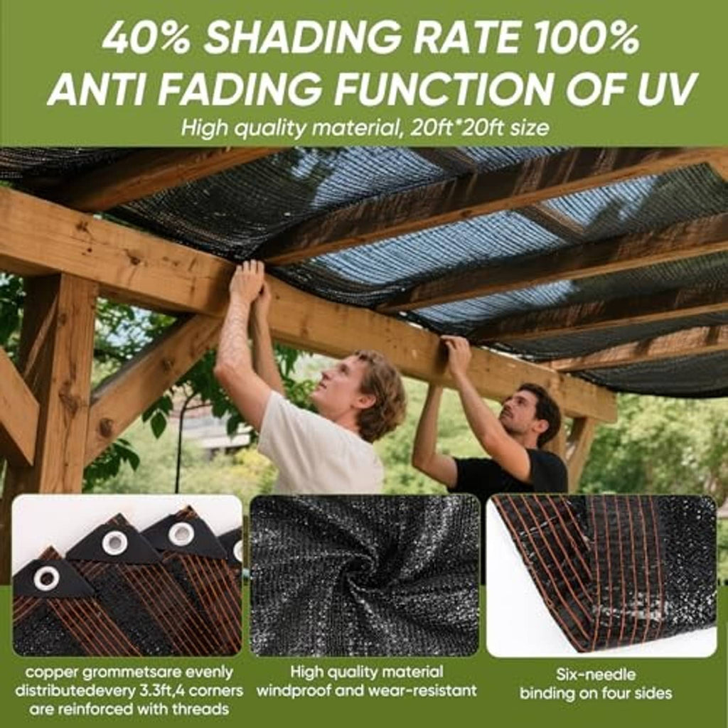 Black shade net with brown binding along edges over a wooden pergola