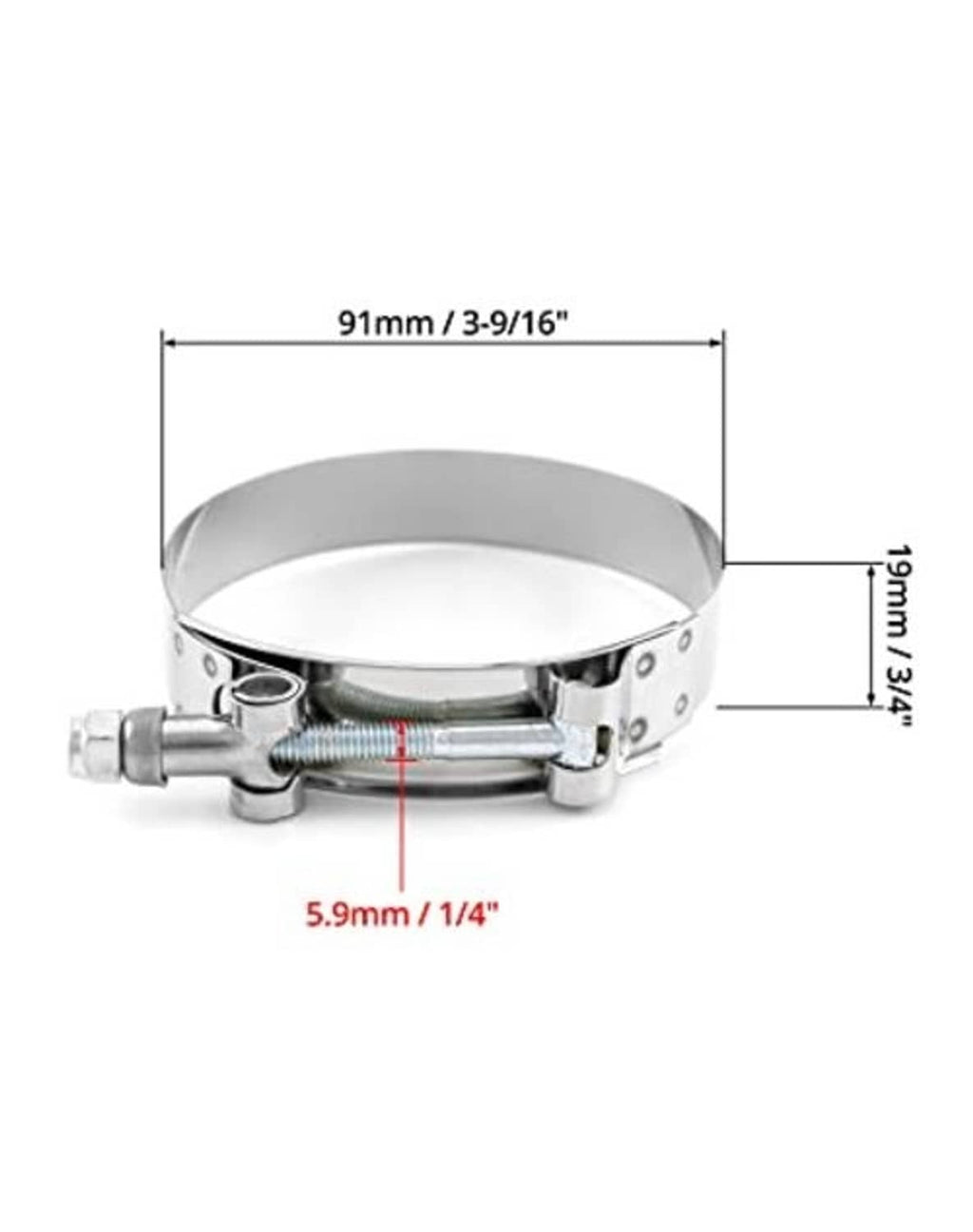 3 in stainless T-bolt hose clamp dimensions diagram, showing 91 mm length