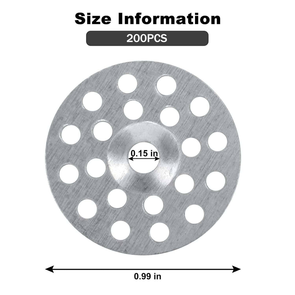 Single round metal plaster washer with center hole and multiple small holes; diameter markings