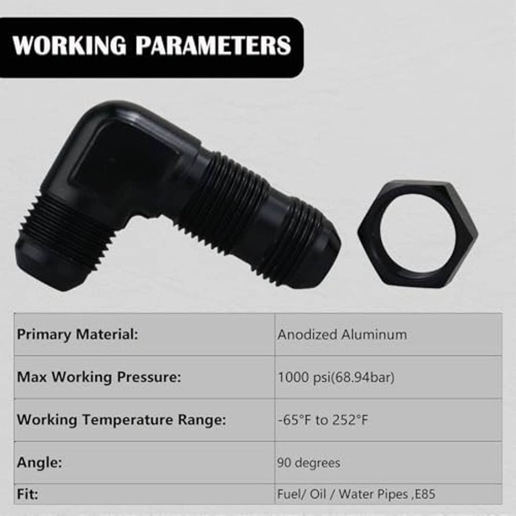 Black 90-degree bulkhead fitting adapter at angle, with included hex nut