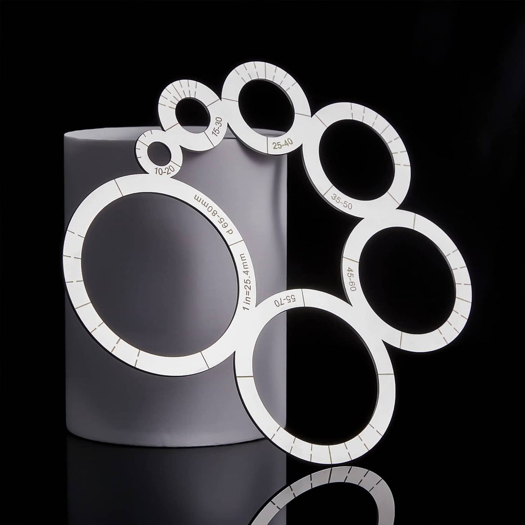 Leather corner cutting punch set with round templates and radius markings, white measuring rings