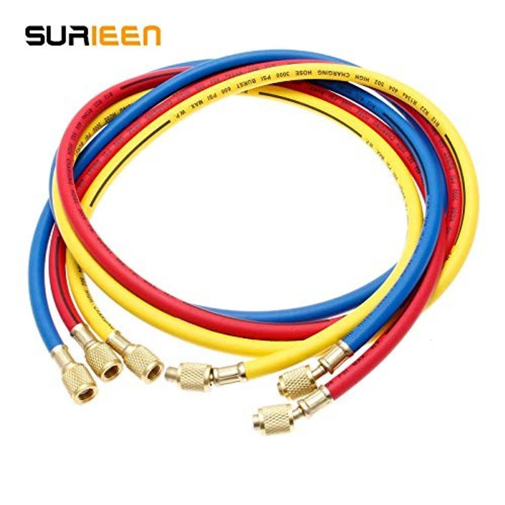 Colored A/C charging hose set with brass fittings at both ends: blue, yellow, and red