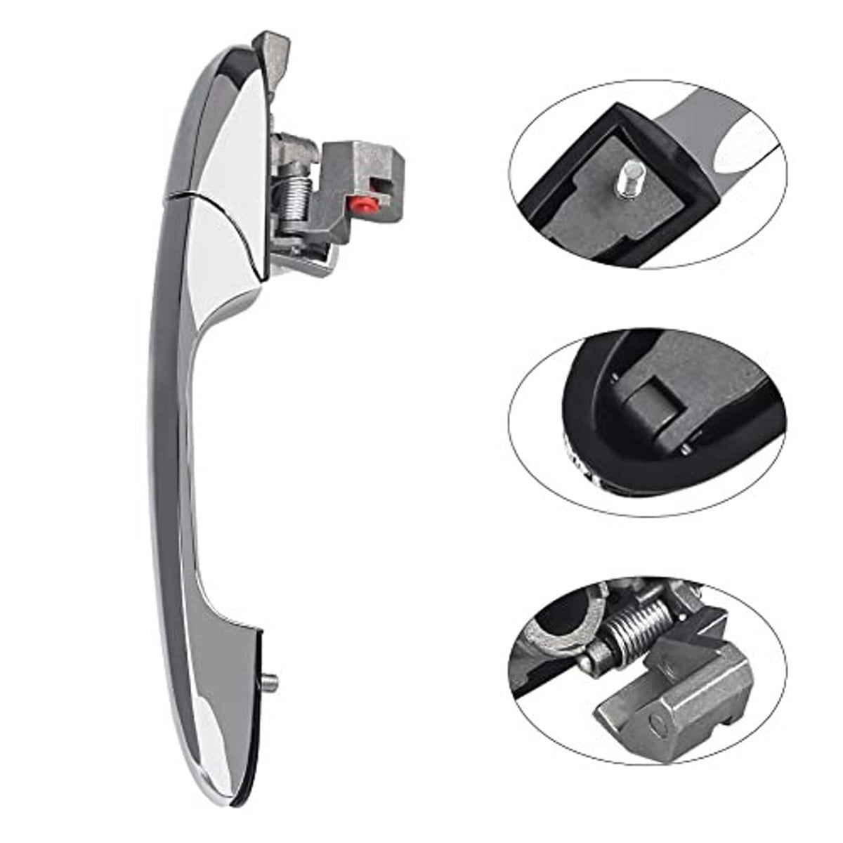 Chrome front right door handle with underside mounting and latch detail