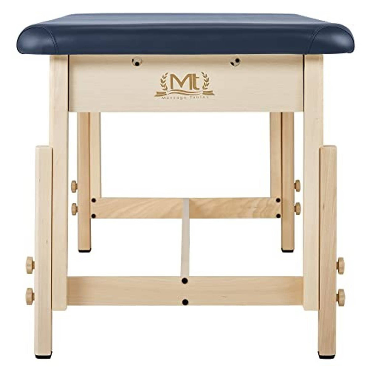 Stationary treatment table front view with dark blue padded top and wood legs