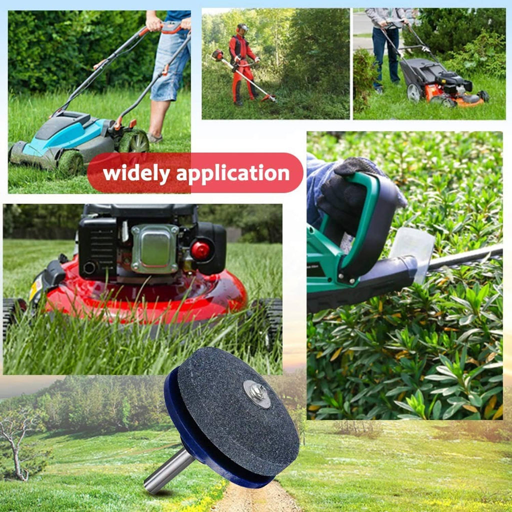 Dark blue abrasive blade sharpener wheel with metal stem