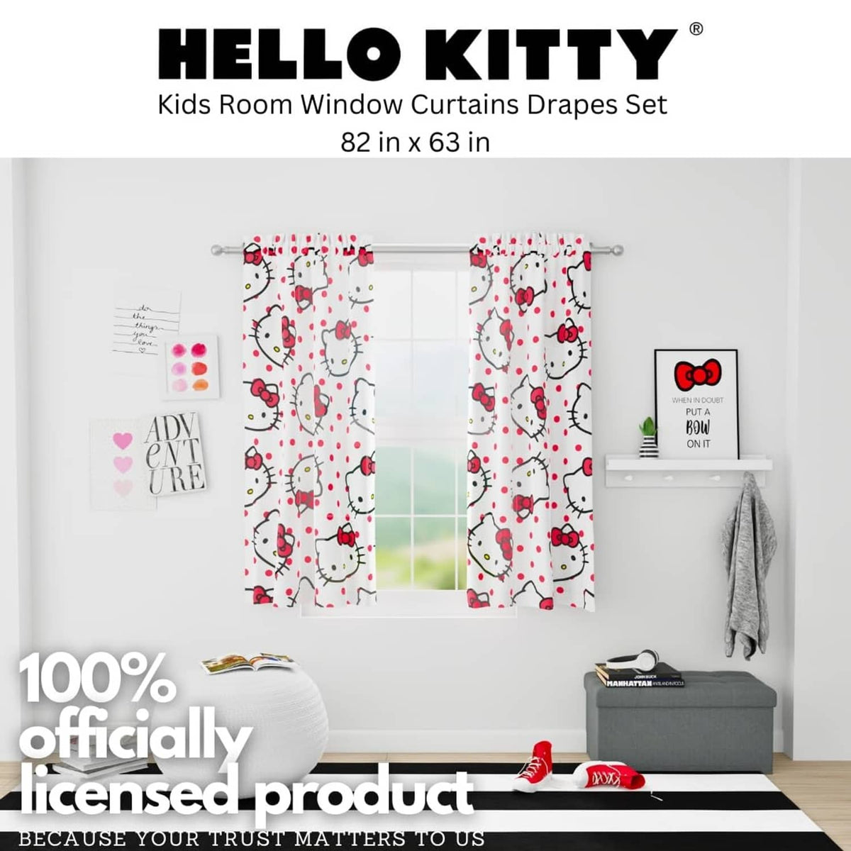 Kids window drapes set, white fabric with scattered Hello Kitty faces and red bows; hanging pair.