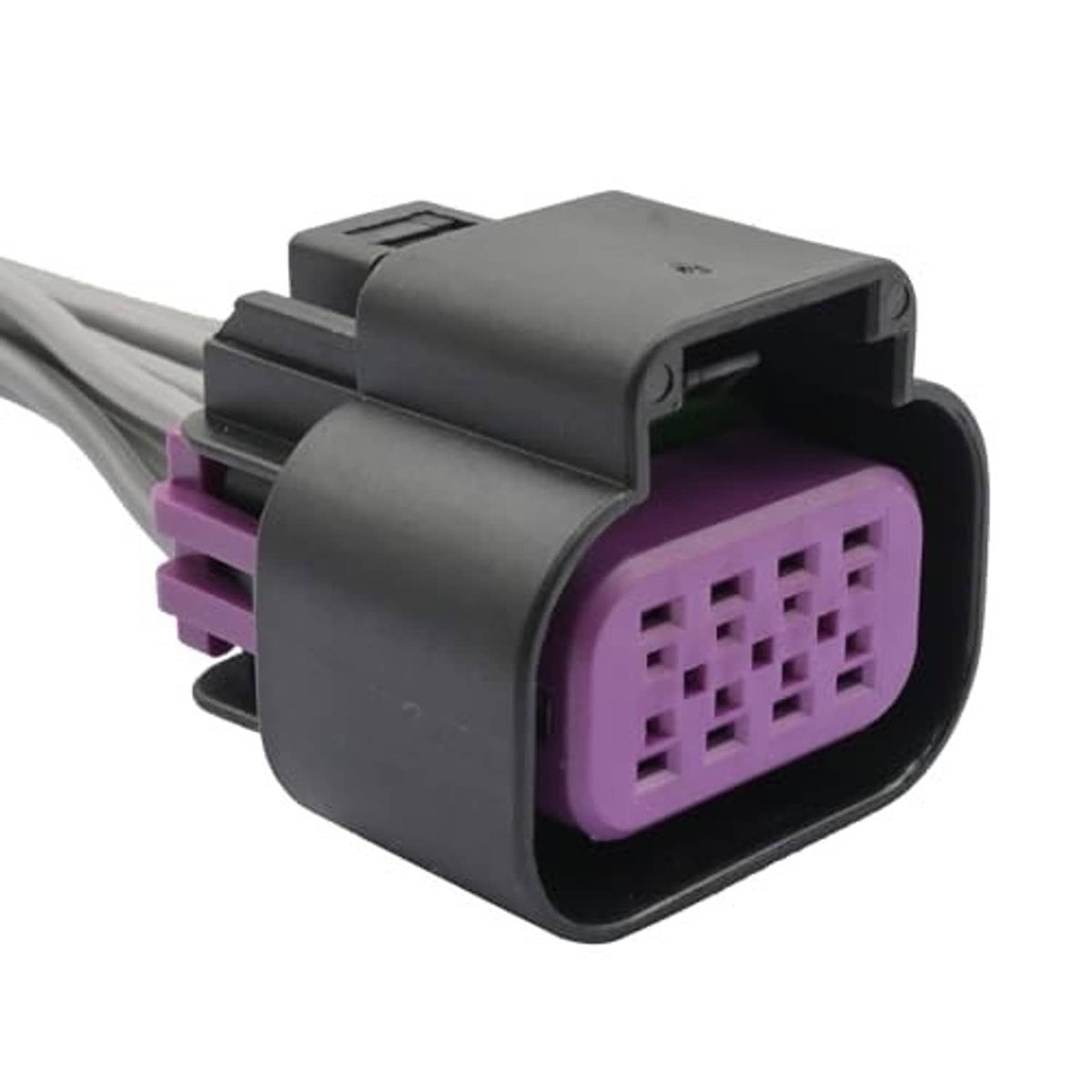 Gray electrical connector housing with purple 12-pin insert and attached gray wire pigtails