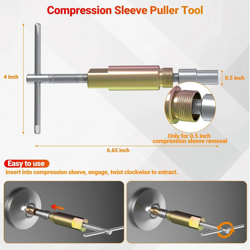 Compression sleeve puller tool with threaded rod, center sleeve, and handles