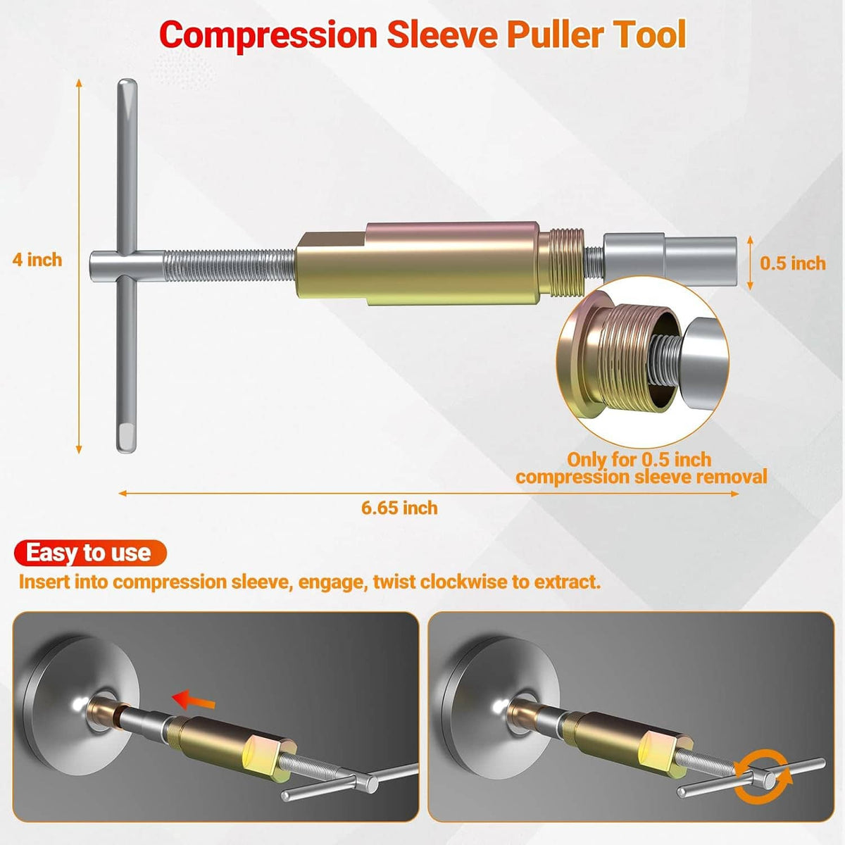 Compression sleeve puller tool with threaded rod, center sleeve, and handles