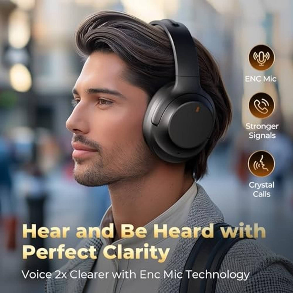 Man wearing black over-ear headphones, side profile