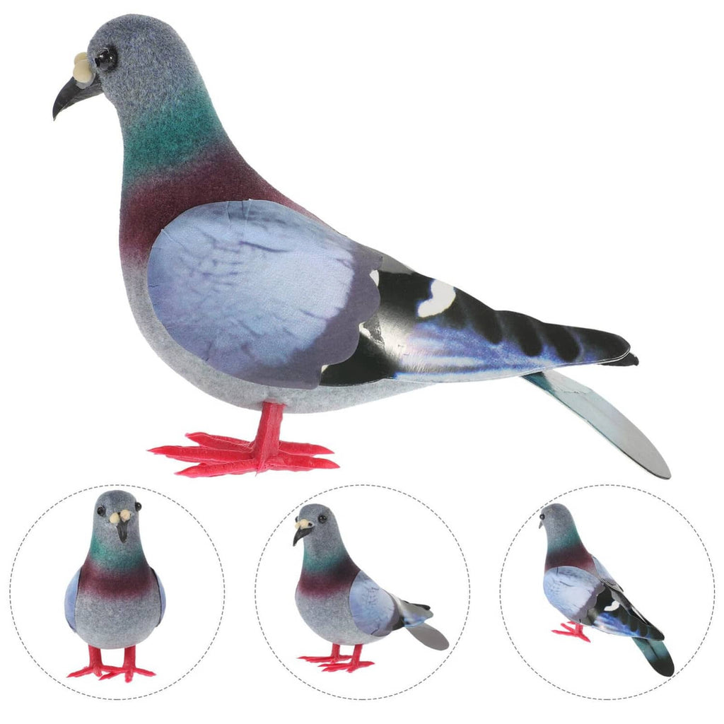 Foam pigeon set showing three views: gray-blue wings, maroon body, red feet