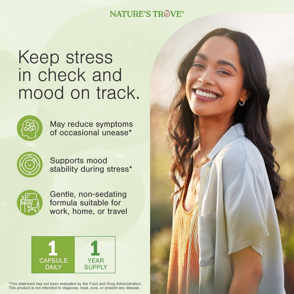 L-Theanine 200 mg supplement promotional concept with smiling woman