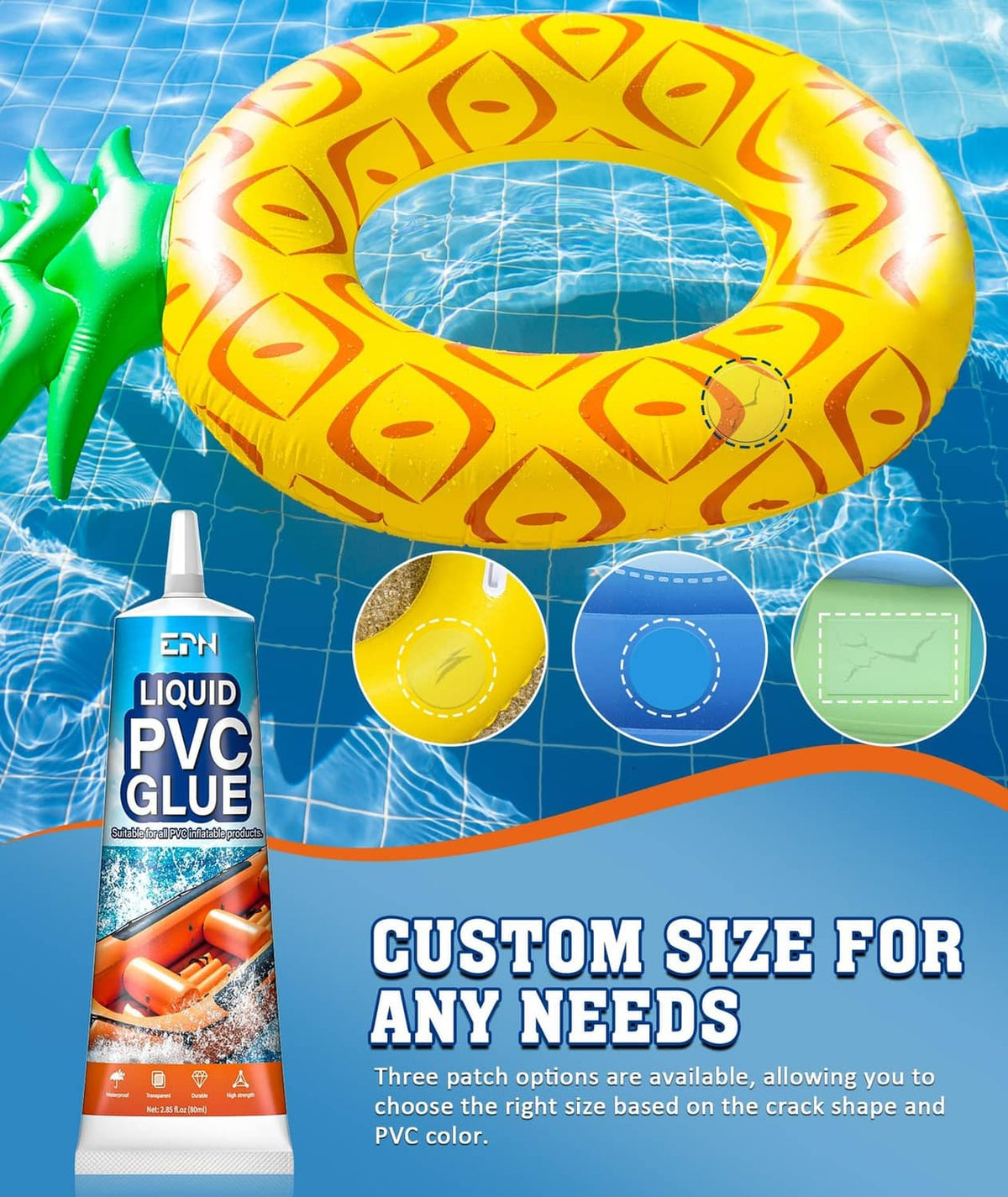 Liquid PVC glue bottle with round and oval waterproof vinyl repair patch pieces