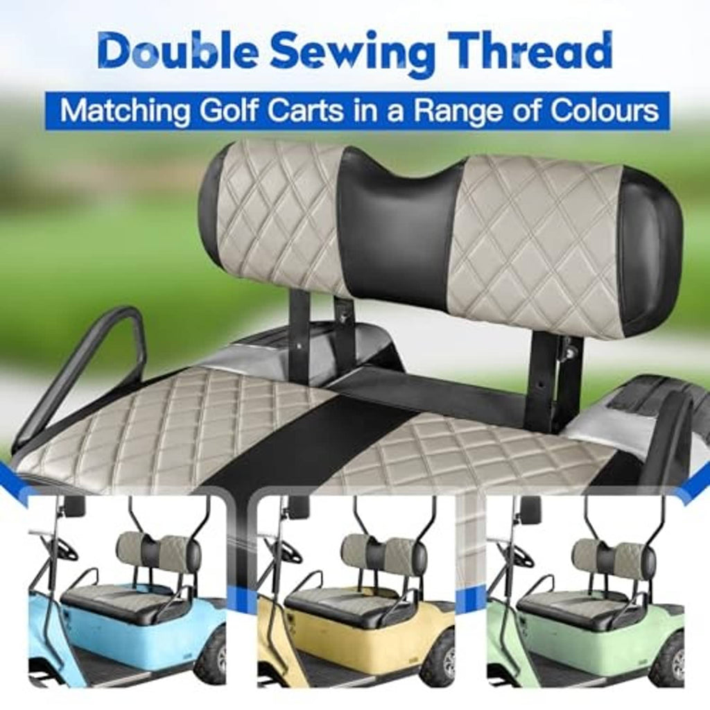 Golf cart backrest cover with oyster-gray diamond stripe and black curved bolsters