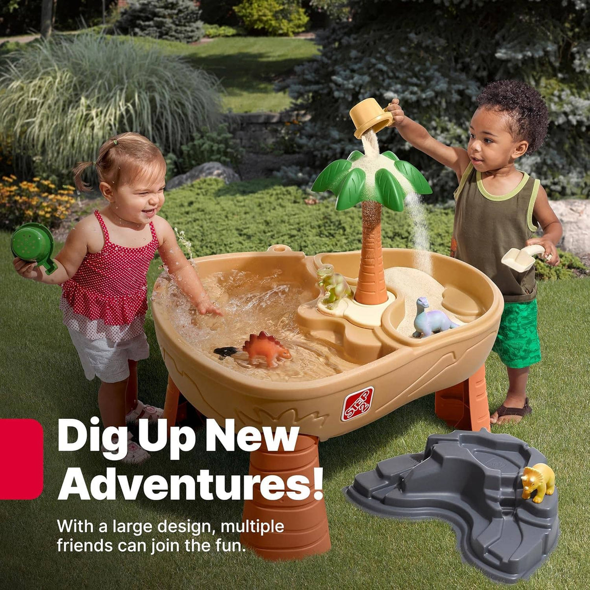 Kids dinosaur sand and water play table with green palm tree and tan basin, kids playing