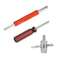 Tire valve stem removal tool kit with red handle, double heads, and silver valve core wrench