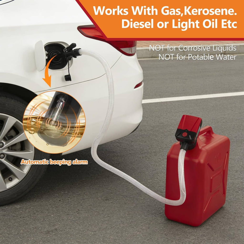 Portable fuel transfer pump with red can, black nozzle, and flexible transfer hose