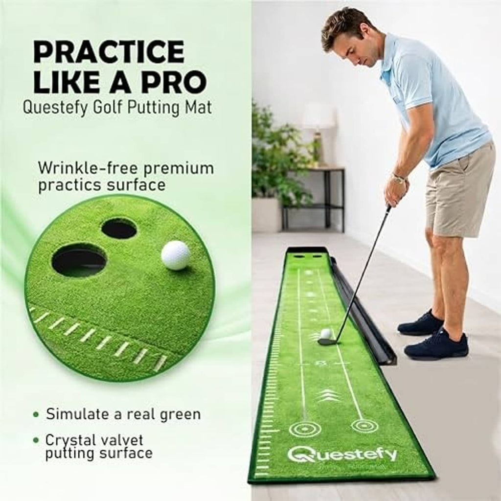 Green indoor putting mat with two holes, practice guide lines, and rolling surface
