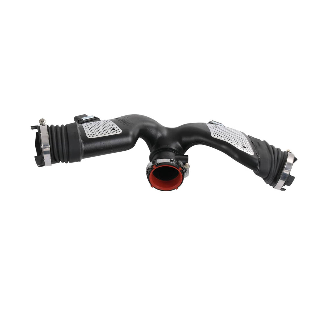 Air mass sensor intake duct, black tubing with red sensor ring and metal hose clamp ends