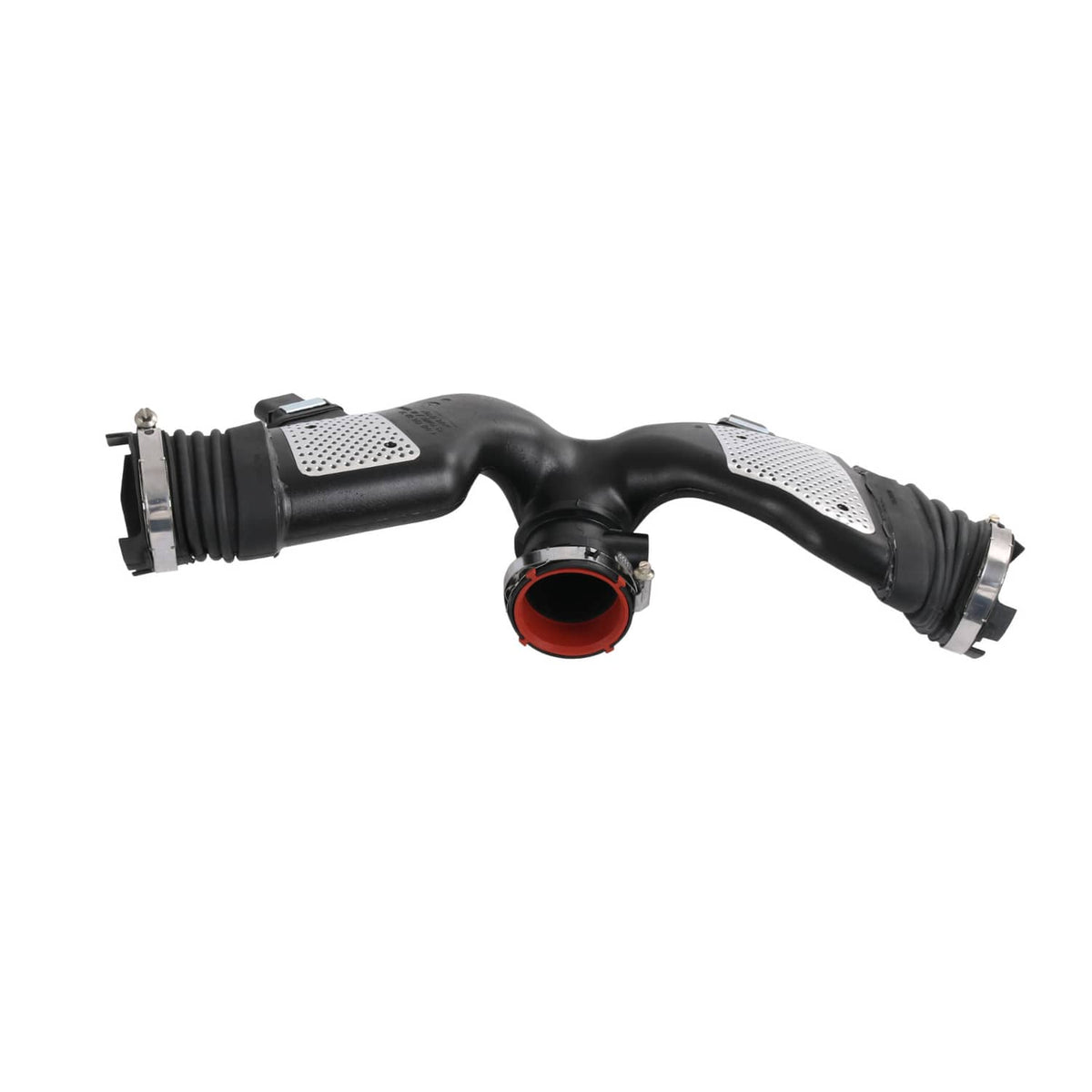 Air mass sensor intake duct, black tubing with red sensor ring and metal hose clamp ends