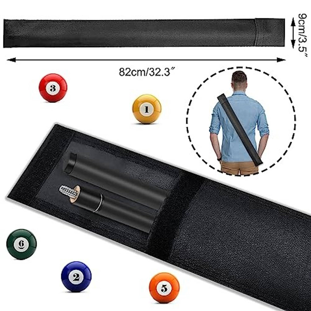 Black pool cue case with double slots; length marked 32.3 in