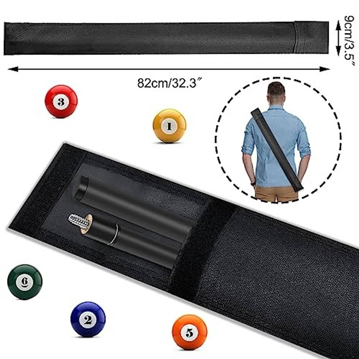 Black pool cue case with double slots; length marked 32.3 in