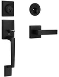 Matte black door handle and single-cylinder deadbolt set, hardware close-up