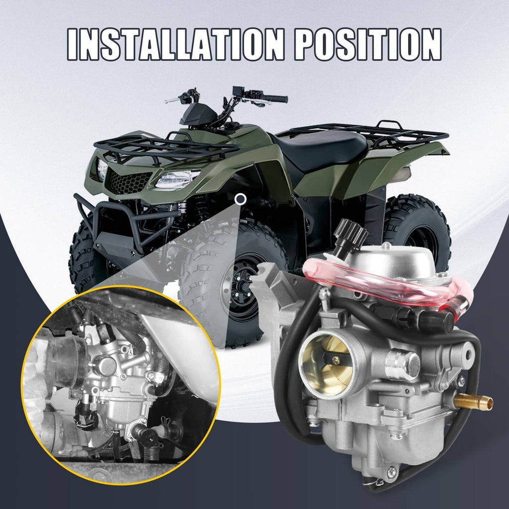 Carburetor mounted for ATV installation, with inset showing engine connection