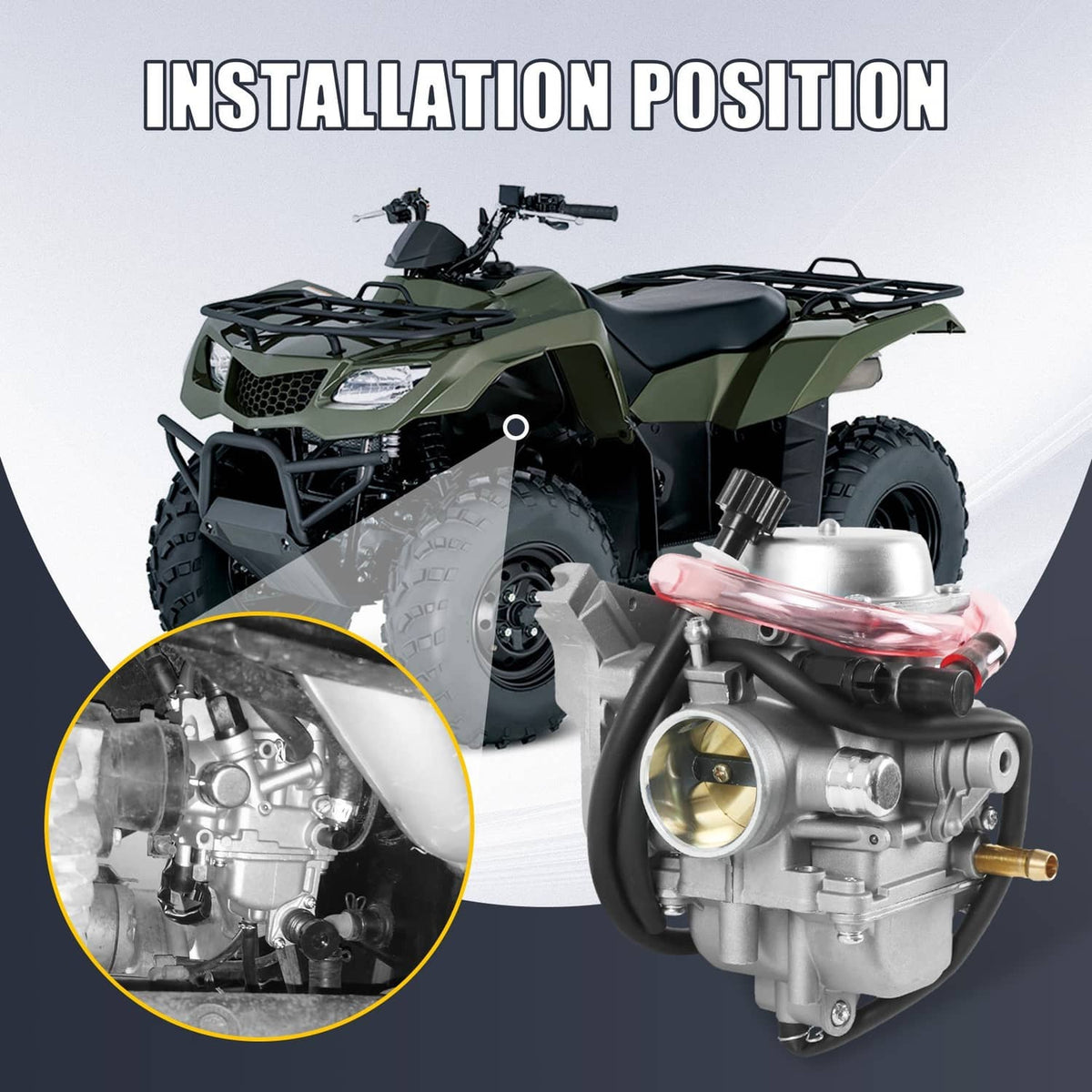 Carburetor mounted for ATV installation, with inset showing engine connection
