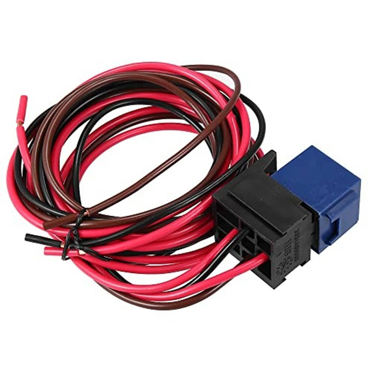 Fan thermostat wiring harness with blue connector and red/black insulated wires