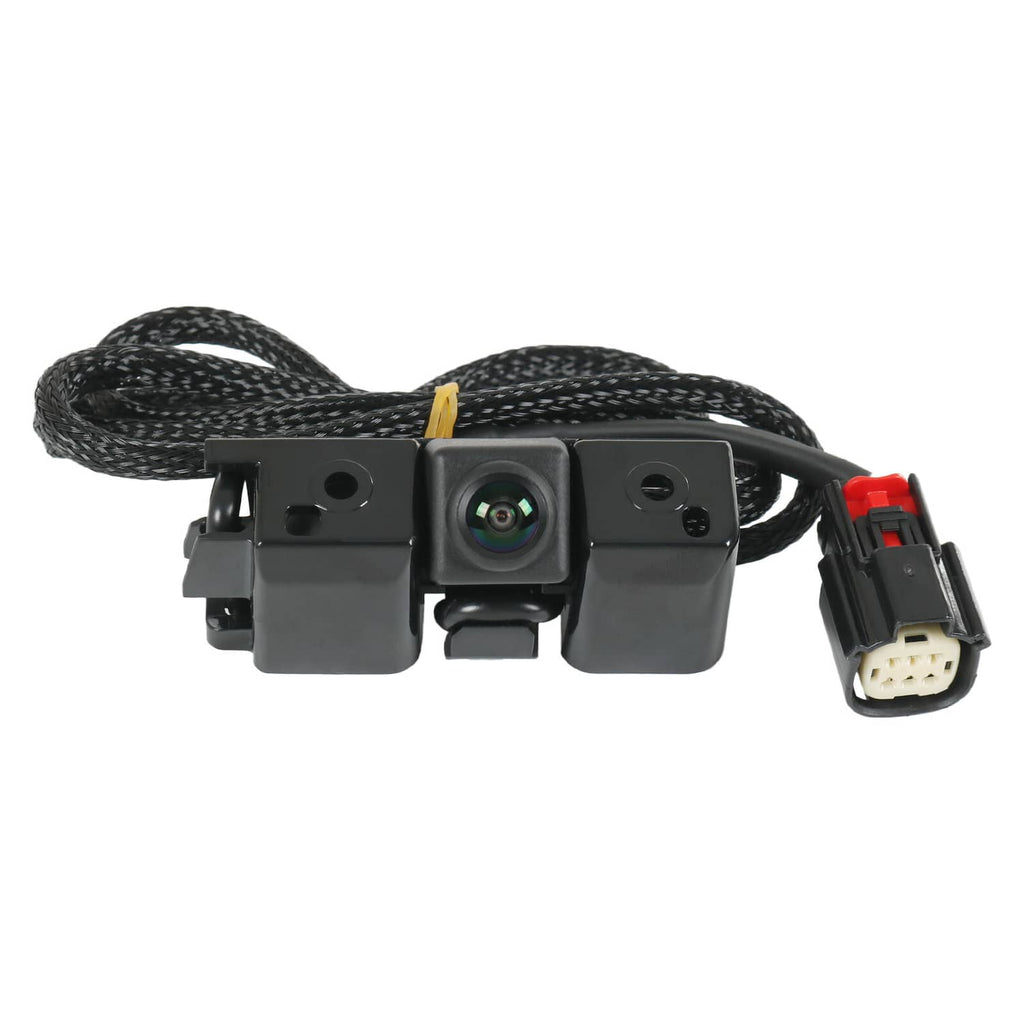 Backup camera assembly with black housing, lens, and wiring harness with connector