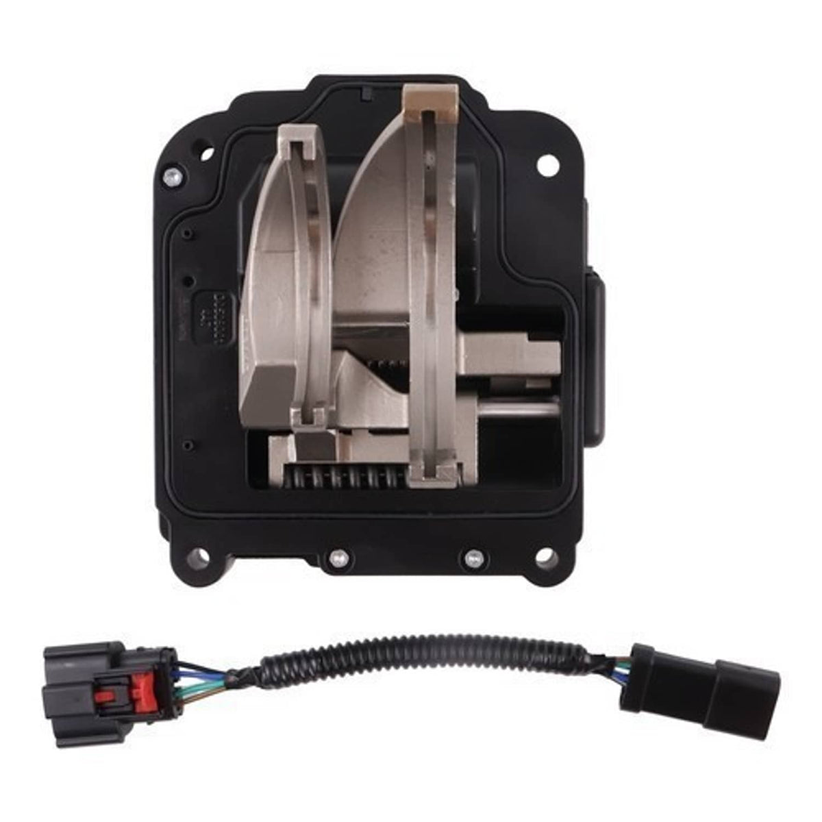 Transfer case actuator showing internal metal mechanism through open black housing