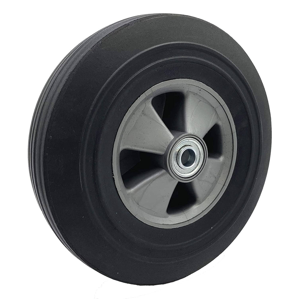 Solid rubber hand truck wheel with gray hub and black rubber tire tread