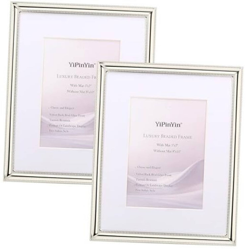 Silver metal picture frame set, 8x10 with white mat, beaded border, two-pack
