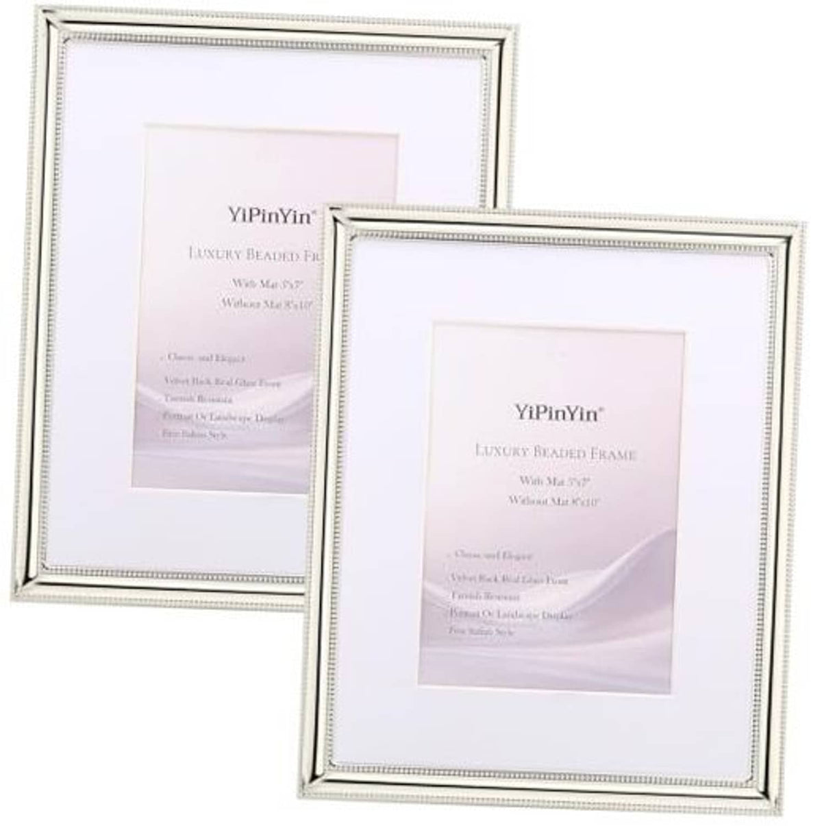 Silver metal picture frame set, 8x10 with white mat, beaded border, two-pack