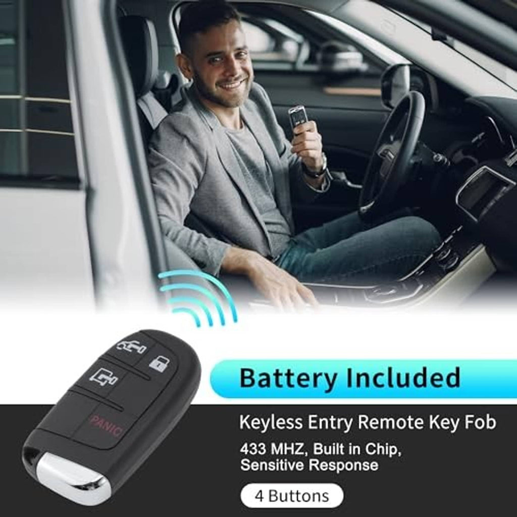 Black keyless entry remote fob with four buttons, held in a hand
