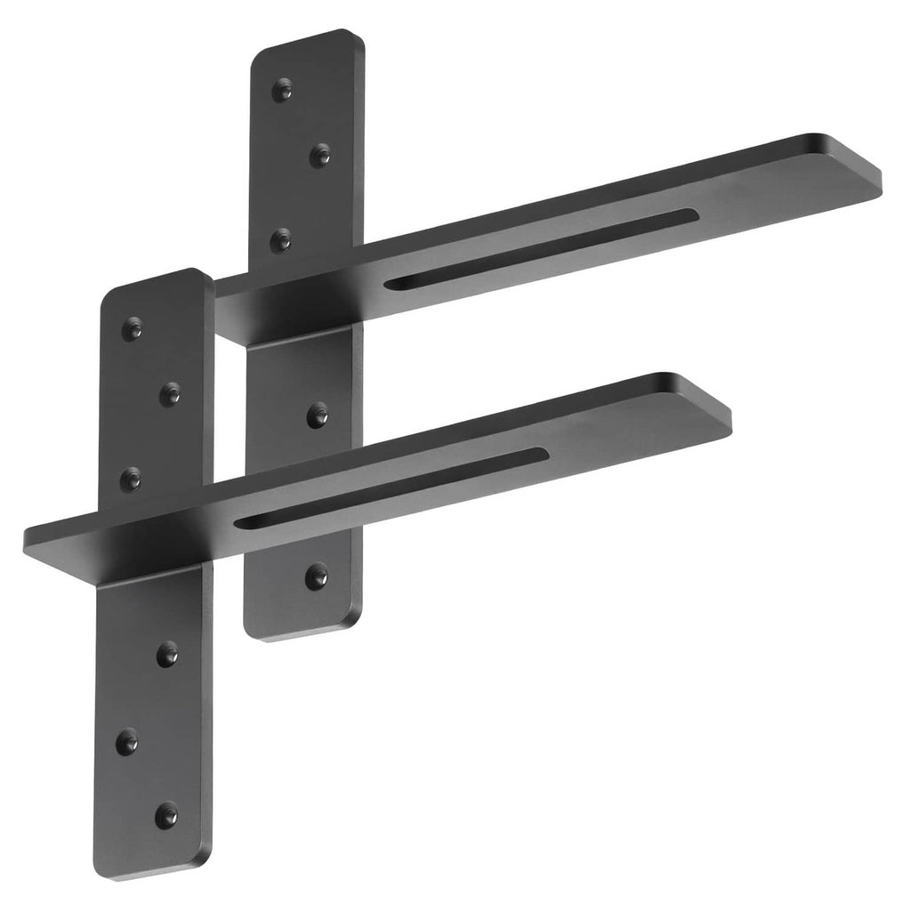 Matte black floating shelf bracket set, L-shaped steel plates with long slotted shelf arms.