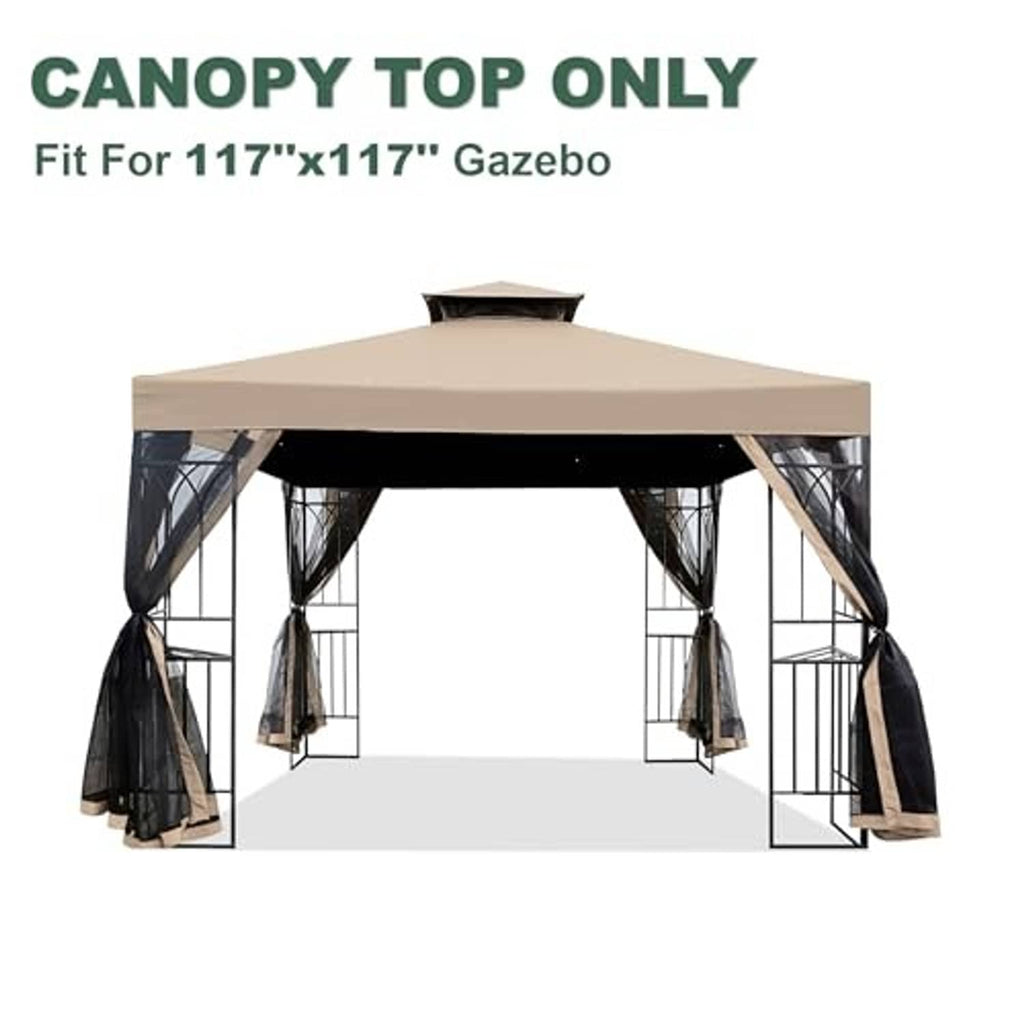 Light beige gazebo canopy cover with black side curtains for gazebo frame